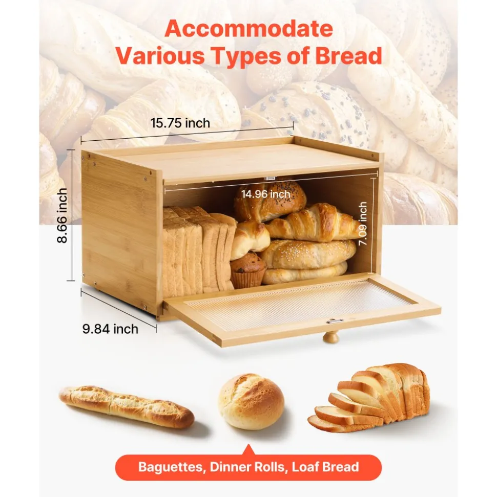 VEVOR Bread Box for Kitchen Counter, Large Capacity Bamboo Bread Storage Container, Farmhouse Wooden Breadbox Organizer for Homemade Bread, Storage Holder Bin with Acrylic Wavy Door Panel, Natural