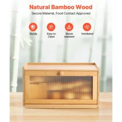 VEVOR Bread Box for Kitchen Counter, Large Capacity Bamboo Bread Storage Container, Farmhouse Wooden Breadbox Organizer for Homemade Bread, Storage Holder Bin with Acrylic Wavy Door Panel, Natural