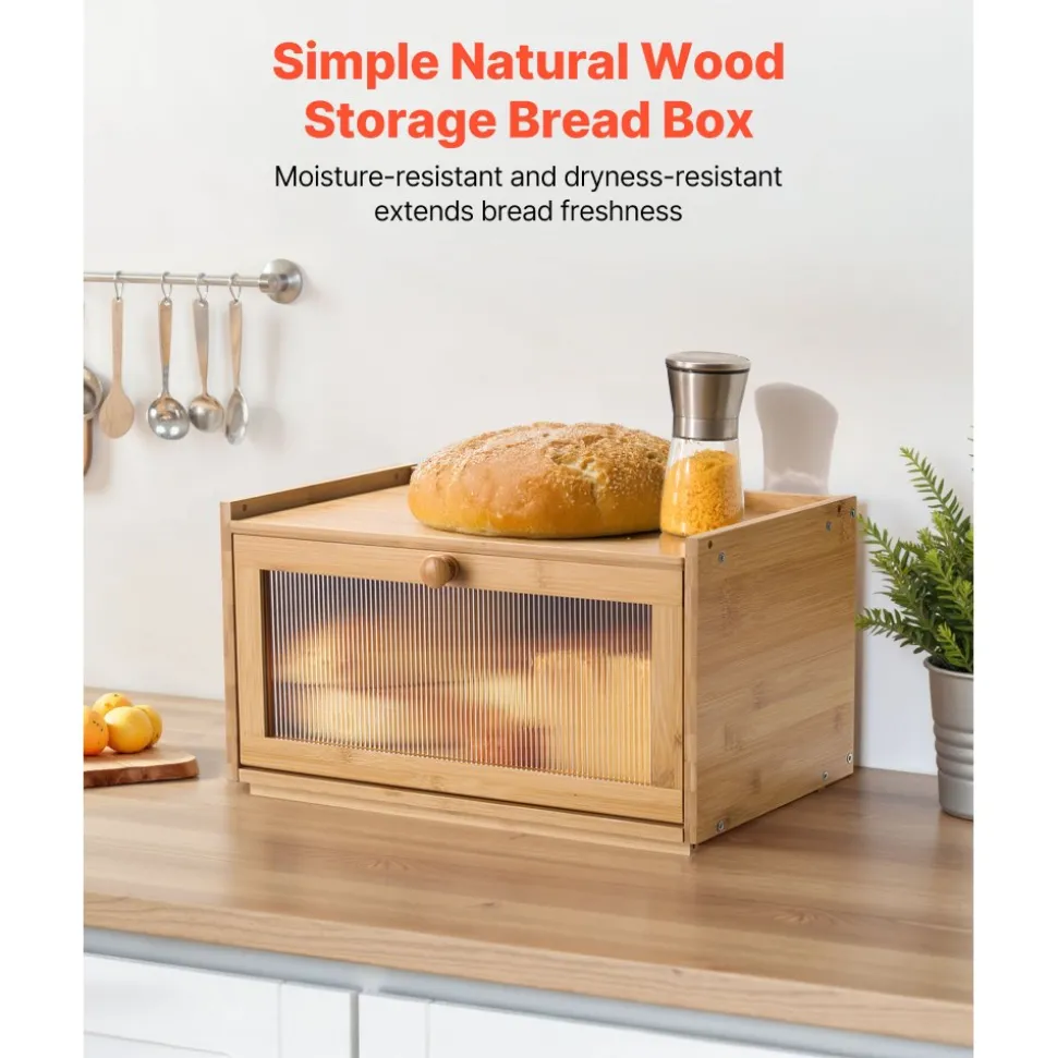 VEVOR Bread Box for Kitchen Counter, Large Capacity Bamboo Bread Storage Container, Farmhouse Wooden Breadbox Organizer for Homemade Bread, Storage Holder Bin with Acrylic Wavy Door Panel, Natural