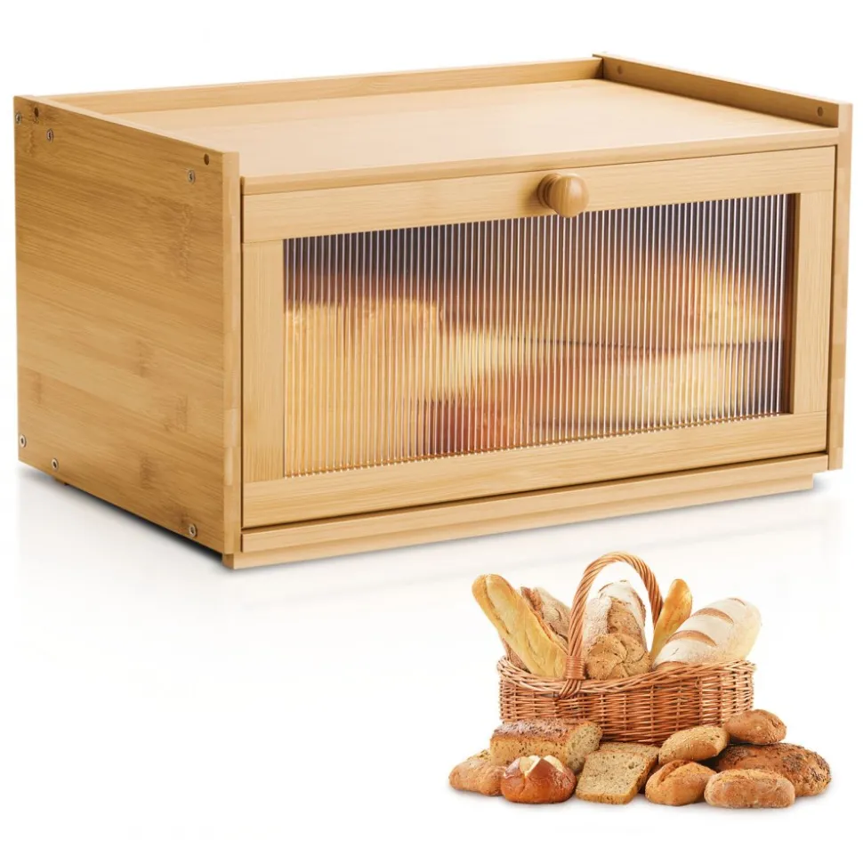 VEVOR Bread Box for Kitchen Counter, Large Capacity Bamboo Bread Storage Container, Farmhouse Wooden Breadbox Organizer for Homemade Bread, Storage Holder Bin with Acrylic Wavy Door Panel, Natural