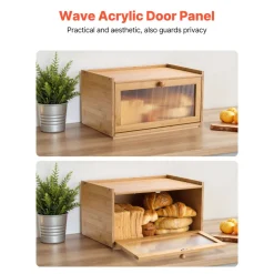 VEVOR Bread Box for Kitchen Counter, Large Capacity Bamboo Bread Storage Container, Farmhouse Wooden Breadbox Organizer for Homemade Bread, Storage Holder Bin with Acrylic Wavy Door Panel, Natural
