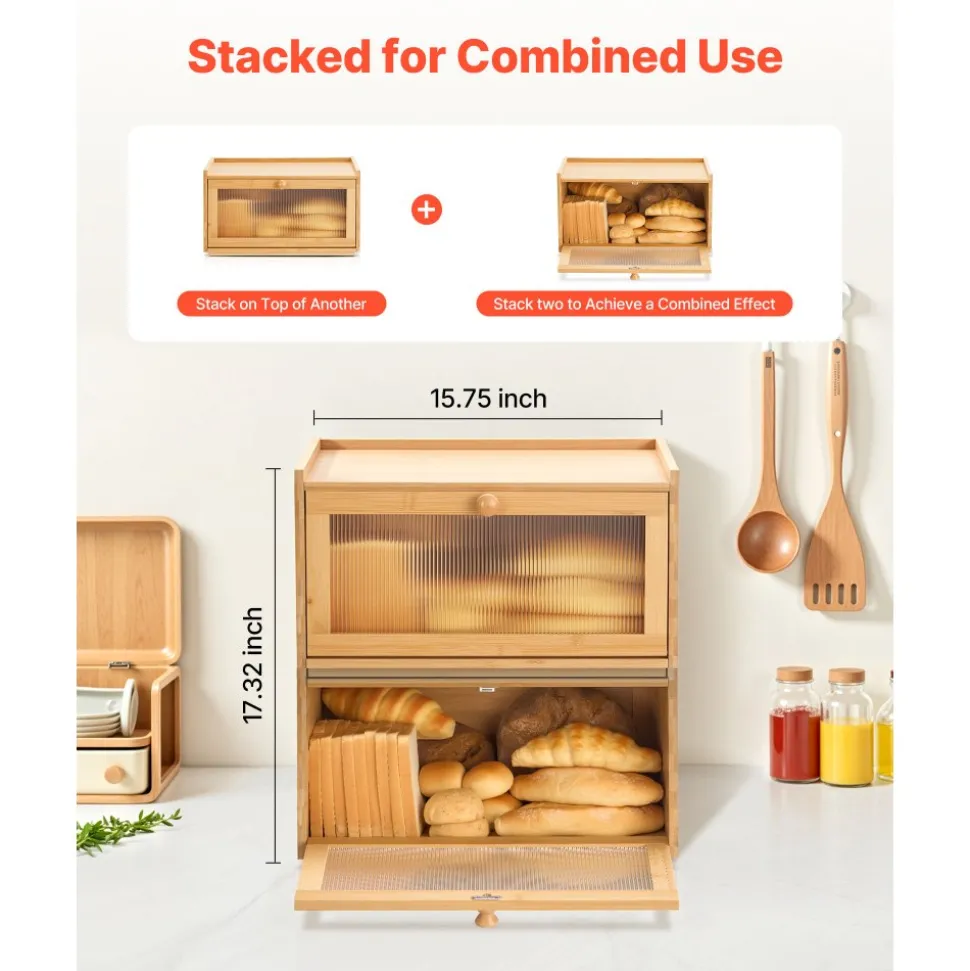 VEVOR Bread Box for Kitchen Counter, Large Capacity Bamboo Bread Storage Container, Farmhouse Wooden Breadbox Organizer for Homemade Bread, Storage Holder Bin with Acrylic Wavy Door Panel, Natural