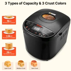 VEVOR Bread Maker, 19-in-1 2LB Dough Machine, Nonstick Ceramic Pan Automatic Breadmaker with Gluten Free Setting, Whole Wheat Bread Making, Digital, Programmable, 3 Loaf Sizes, 3 Crust Colors