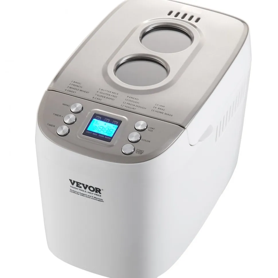 VEVOR Bread Maker, 15-in-1 3LB Dough Machine, Nonstick Ceramic Pan Automatic Breadmaker with Gluten Free Setting, Whole Wheat Bread Making, Digital, Programmable, 3 Loaf Sizes, 3 Crust Colors, White