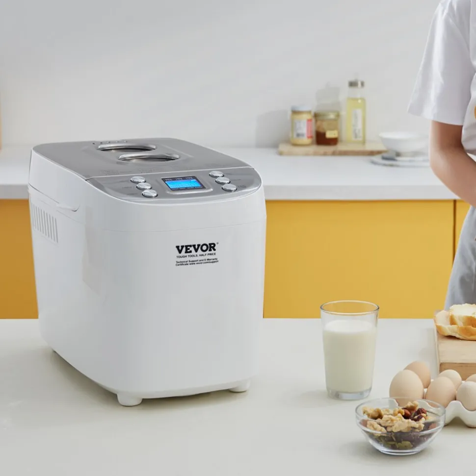 VEVOR Bread Maker, 15-in-1 3LB Dough Machine, Nonstick Ceramic Pan Automatic Breadmaker with Gluten Free Setting, Whole Wheat Bread Making, Digital, Programmable, 3 Loaf Sizes, 3 Crust Colors, White