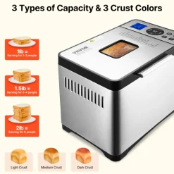 VEVOR Bread Maker, 19-in-1 2LB Dough Machine, Nonstick Ceramic Pan Automatic Breadmaker with Gluten Free Setting, Whole Wheat Bread Making, Digital, Programmable, 3 Loaf Sizes, 3 Crust Colors