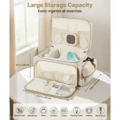 VEVOR Breast Pump Bag, Breast Feeding Bag with Waterproof Mat, Fits for S1/S2, Pumping Accessories & Breastmilk Storage, Portable Pump Carrying Case for Work, Travel and Family Use, Beige