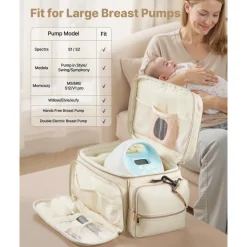 VEVOR Breast Pump Bag, Breast Feeding Bag with Waterproof Mat, Fits for S1/S2, Pumping Accessories & Breastmilk Storage, Portable Pump Carrying Case for Work, Travel and Family Use, Beige