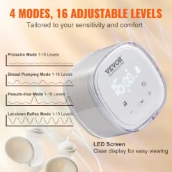 VEVOR Breast Pump, Double Electric Breast Pumps, 4 Modes & 16 Levels, 300mmHg Strong Suction, 2800mAH Rechargeable Anti-Backflow Breastfeeding Pump with LED Display, 18/21mm Inserts, 24/28mm Flanges