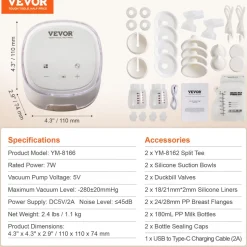 VEVOR Breast Pump, Double Electric Breast Pumps, 4 Modes & 16 Levels, 300mmHg Strong Suction, 2800mAH Rechargeable Anti-Backflow Breastfeeding Pump with LED Display, 18/21mm Inserts, 24/28mm Flanges
