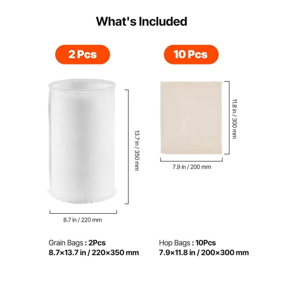VEVOR Brew Bags, 2 PCS Food Grade Nylon Material Grain Bag, 10 PCS Natural Cotton-Linen Hop Bag, Easy to Clean, Reusable & Ultra-Fine Mesh Home Brewing Bags, Only for Our Automatic Beer Brewer