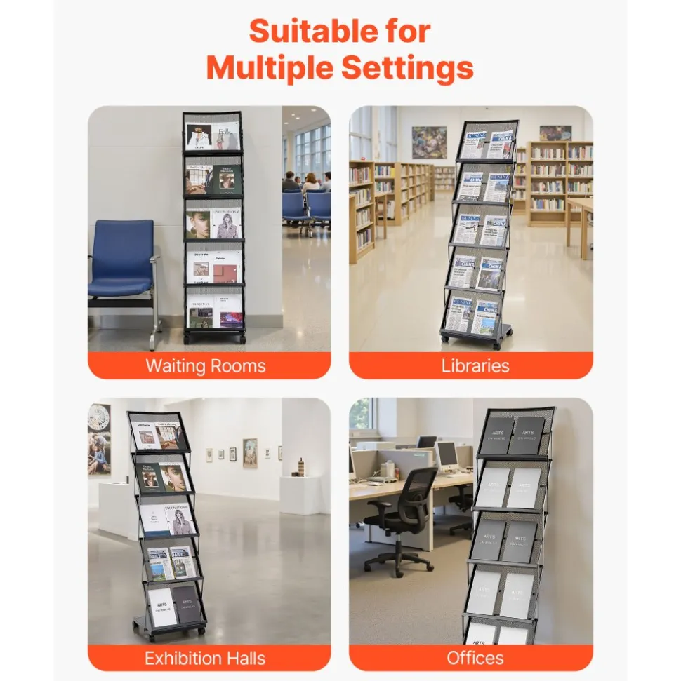 VEVOR Brochure Display Rack, Foldable 5 Pockets Magazine Literature Display Stand, Movable Floor Standing Magazine Rack with Wheels, Metal Newspaper Catalog Holders for Shop Exhibitions Office Show