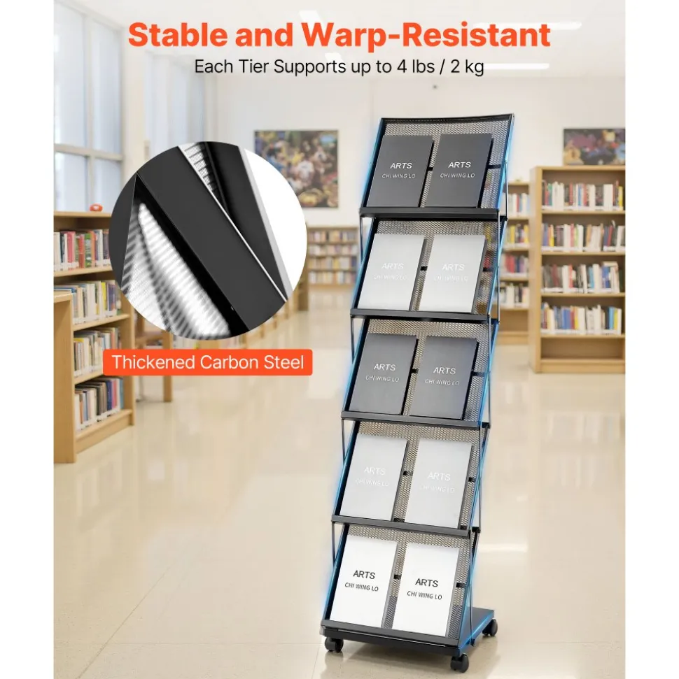 VEVOR Brochure Display Rack, Foldable 5 Pockets Magazine Literature Display Stand, Movable Floor Standing Magazine Rack with Wheels, Metal Newspaper Catalog Holders for Shop Exhibitions Office Show