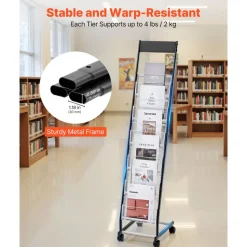 VEVOR Brochure Display Rack, Narrow 6-Tier Magazine Literature Display Stand with Wheels, Metal Floor Standing Magazine Rack, Movable Newspaper Catalog Holders for Shop Exhibitions Office (6 Pockets)