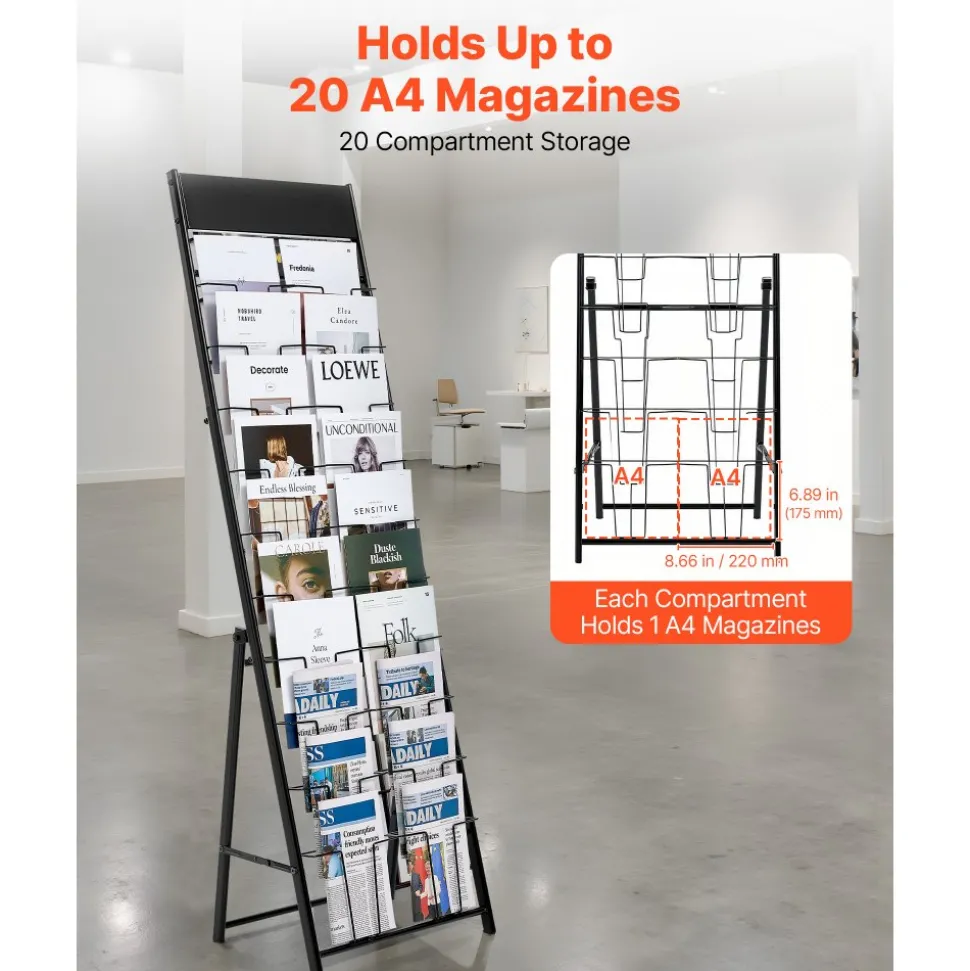 VEVOR Brochure Display Rack, 20 Pockets Magazine Literature Display Stand, Portable Floor Standing Magazine Rack, Metal Newspaper Catalog Holders for Shop, Exhibitions, Office, Trade Show, Black