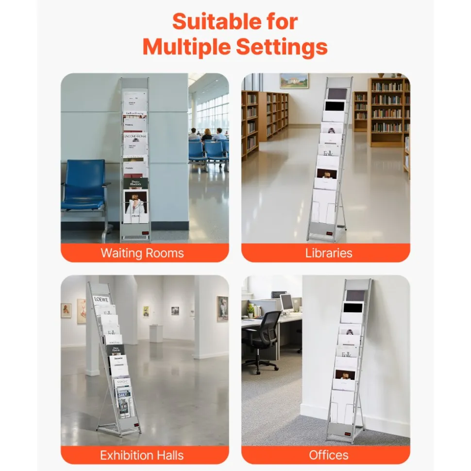 VEVOR Brochure Display Rack, 10 Pockets Magazine Literature Display Stand, Portable Floor Standing Magazine Rack, Metal Newspaper Catalog Holders for Shop, Exhibitions, Office, Trade Show, Silver