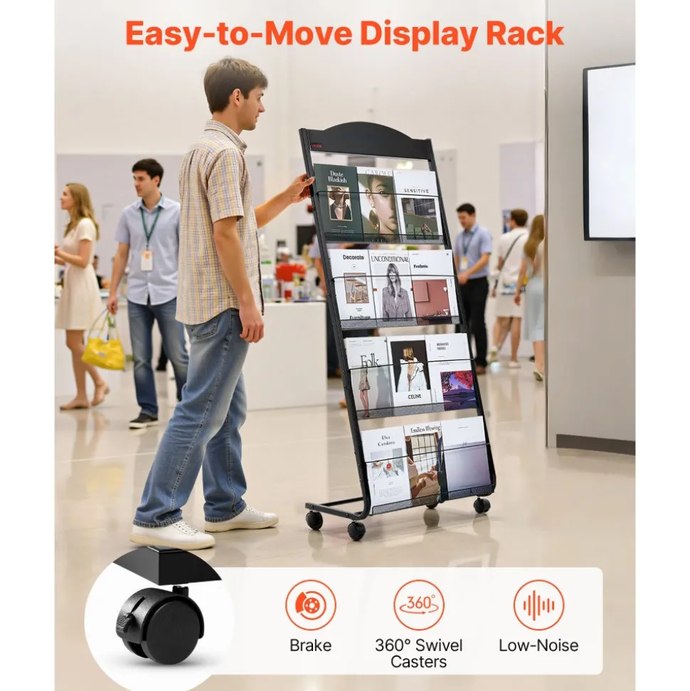 VEVOR Brochure Display Rack, 4-Tier Magazine Literature Display Stand with Wheels, Movable Floor Standing Magazine Rack, Heavy Duty Newspaper Catalog Holders for Shop Exhibitions Office Craft Fairs