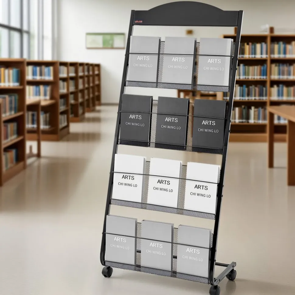 VEVOR Brochure Display Rack, 4-Tier Magazine Literature Display Stand with Wheels, Movable Floor Standing Magazine Rack, Heavy Duty Newspaper Catalog Holders for Shop Exhibitions Office Craft Fairs