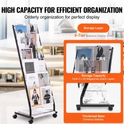 VEVOR Brochure Display Rack, 6-Tier Magazine Literature Display Stand, Floor Standing Magazine Rack Newspaper Catalog Holders, Movable with 4 Wheels (2 Lockable) for Shop Exhibitions Office, 6 Pockets