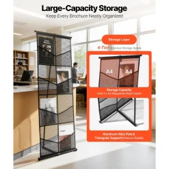 VEVOR Brochure Display Stand, 4-Tier 8 Pockets Mesh Literature Display Holder, Floor Standing Magazine Newspaper Catalog Rack, Lightweight and Portable with Carrying Bag for Shop Exhibitions Office