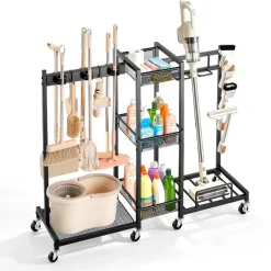VEVOR Broom Holder with Cleaning Supplies Organizer, Metal Garage Storage, Cleaning Cart with Mop Hanger, for Home Broom, Detergent, Vacuum Cleaner, Heavy-Duty Steel Utility Holder, with Wheels, Black