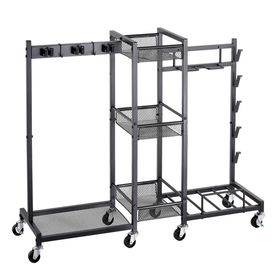 VEVOR Broom Holder with Cleaning Supplies Organizer, Metal Garage Storage, Cleaning Cart with Mop Hanger, for Home Broom, Detergent, Vacuum Cleaner, Heavy-Duty Steel Utility Holder, with Wheels, Black