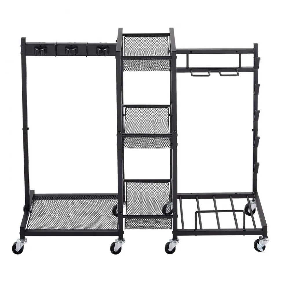 VEVOR Broom Holder with Cleaning Supplies Organizer, Metal Garage Storage, Cleaning Cart with Mop Hanger, for Home Broom, Detergent, Vacuum Cleaner, Heavy-Duty Steel Utility Holder, with Wheels, Black