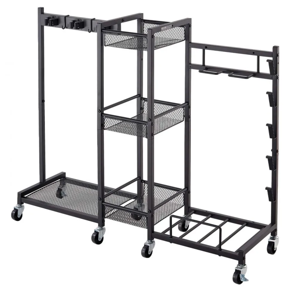 VEVOR Broom Holder with Cleaning Supplies Organizer, Metal Garage Storage, Cleaning Cart with Mop Hanger, for Home Broom, Detergent, Vacuum Cleaner, Heavy-Duty Steel Utility Holder, with Wheels, Black