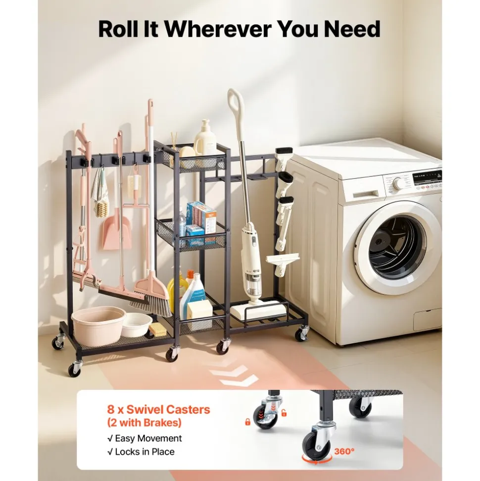 VEVOR Broom Holder with Cleaning Supplies Organizer, Metal Garage Storage, Cleaning Cart with Mop Hanger, for Home Broom, Detergent, Vacuum Cleaner, Heavy-Duty Steel Utility Holder, with Wheels, Black