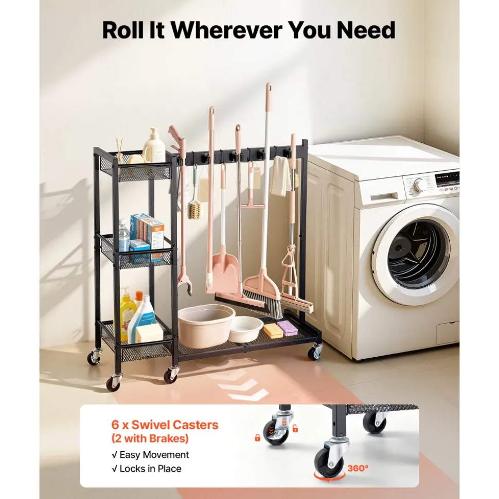 VEVOR Broom Holder with Cleaning Supplies Organizer, Garage Storage Metal, Cleaning Cart with Mop Hanger, for Home Brooms, Detergent, Brushes, Heavy-Duty Steel Utility Tool Holder, with Wheels, Black