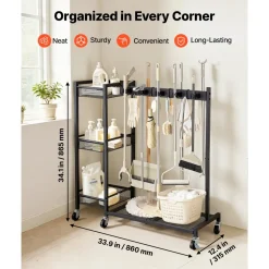 VEVOR Broom Holder with Cleaning Supplies Organizer, Garage Storage Metal, Cleaning Cart with Mop Hanger, for Home Brooms, Detergent, Brushes, Heavy-Duty Steel Utility Tool Holder, with Wheels, Black