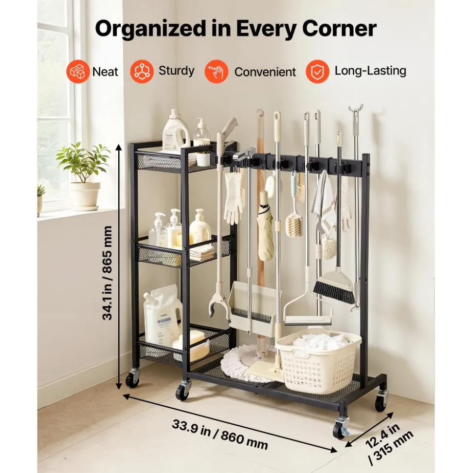 VEVOR Broom Holder with Cleaning Supplies Organizer, Garage Storage Metal, Cleaning Cart with Mop Hanger, for Home Brooms, Detergent, Brushes, Heavy-Duty Steel Utility Tool Holder, with Wheels, Black