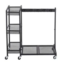 VEVOR Broom Holder with Cleaning Supplies Organizer, Garage Storage Metal, Cleaning Cart with Mop Hanger, for Home Brooms, Detergent, Brushes, Heavy-Duty Steel Utility Tool Holder, with Wheels, Black