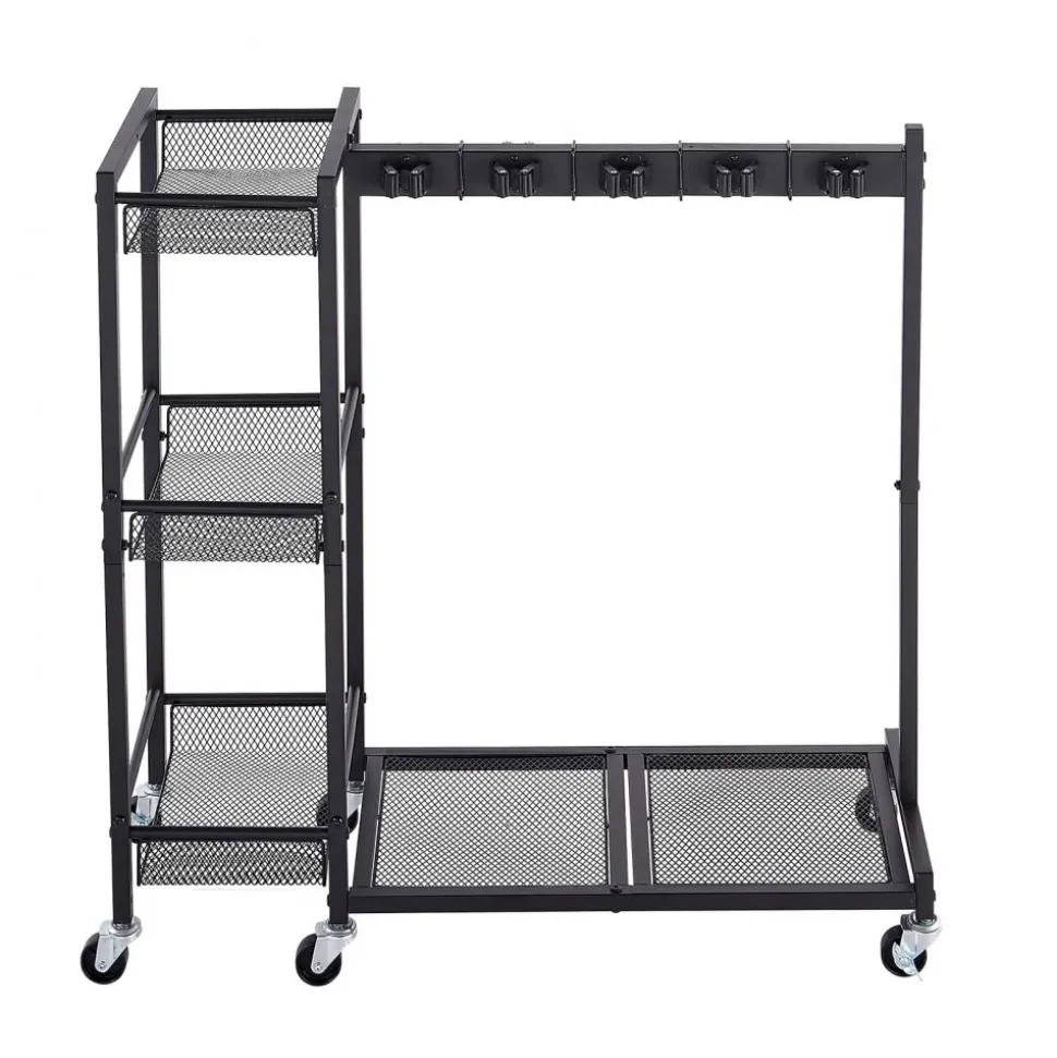 VEVOR Broom Holder with Cleaning Supplies Organizer, Garage Storage Metal, Cleaning Cart with Mop Hanger, for Home Brooms, Detergent, Brushes, Heavy-Duty Steel Utility Tool Holder, with Wheels, Black