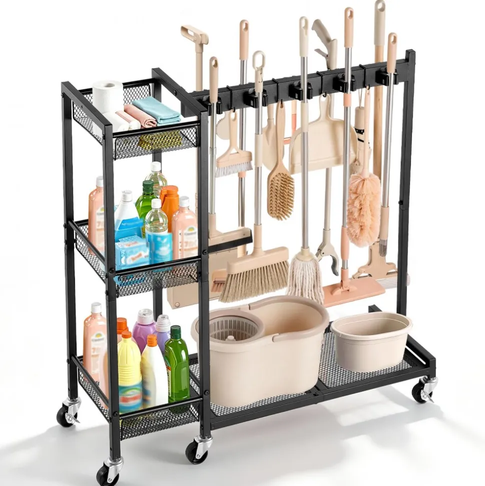 VEVOR Broom Holder with Cleaning Supplies Organizer, Garage Storage Metal, Cleaning Cart with Mop Hanger, for Home Brooms, Detergent, Brushes, Heavy-Duty Steel Utility Tool Holder, with Wheels, Black
