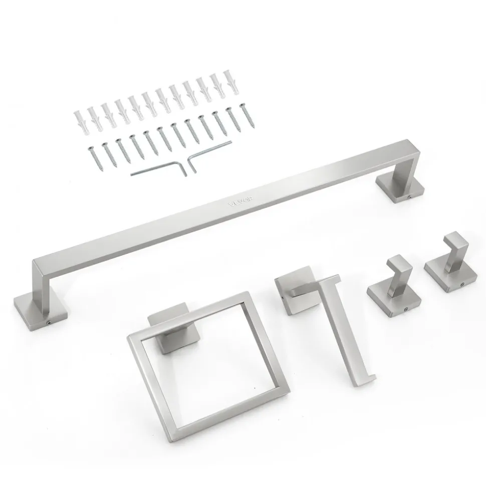 VEVOR Brushed Nickel Bathroom Hardware Set, 5 Pieces Bathroom Accessories Set, Stainless Steel 24 inch Towel Bar, Towel Rack, 2 Robe Towel Hooks, Toilet Paper Holder for Bath Room, Wall Mounted