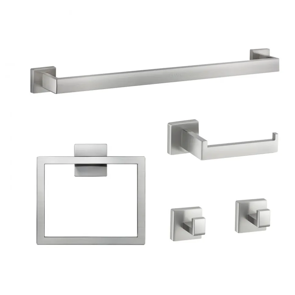 VEVOR Brushed Nickel Bathroom Hardware Set, 5 Pieces Bathroom Accessories Set, Stainless Steel 24 inch Towel Bar, Towel Rack, 2 Robe Towel Hooks, Toilet Paper Holder for Bath Room, Wall Mounted