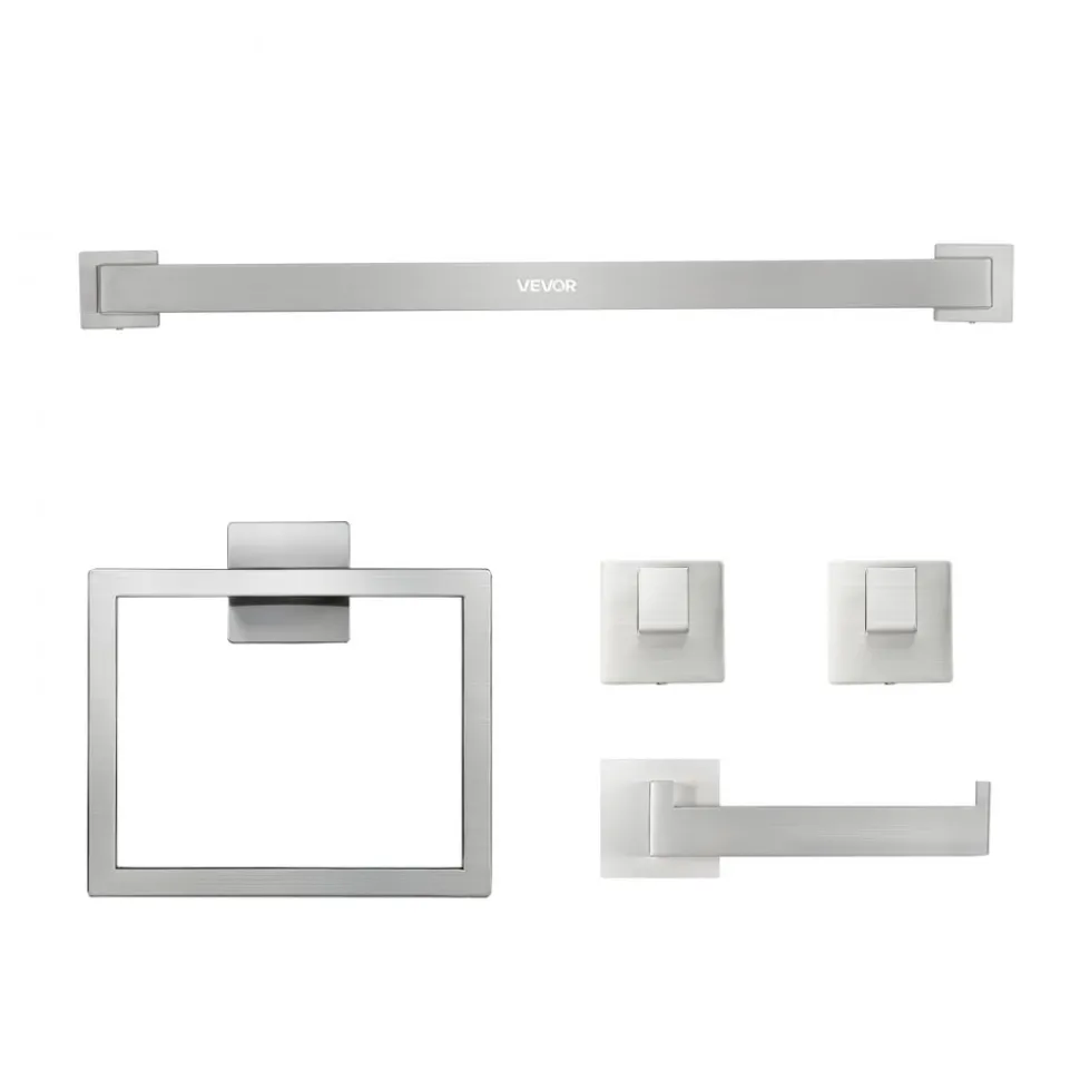 VEVOR Brushed Nickel Bathroom Hardware Set, 5 Pieces Bathroom Accessories Set, Stainless Steel 24 inch Towel Bar, Towel Rack, 2 Robe Towel Hooks, Toilet Paper Holder for Bath Room, Wall Mounted