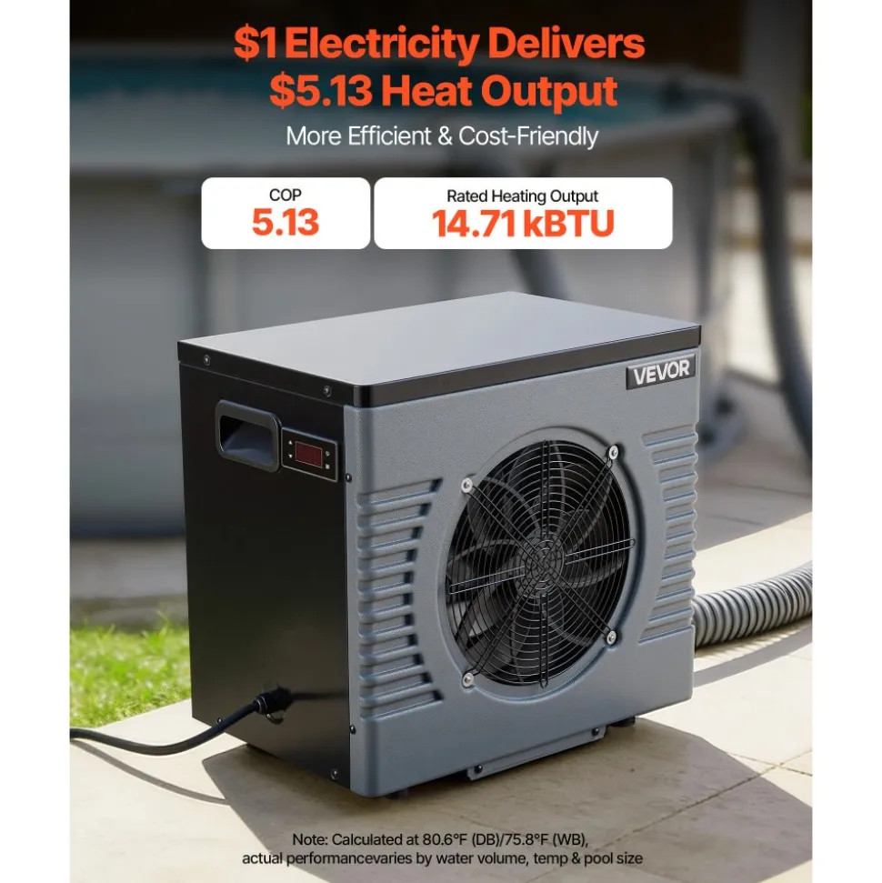 VEVOR 14710 BTU Pool Heat Pump, Electric Pool Heater for Above Ground Up to 3962 Gallons, Max COP 5.13, Heating & Cooling Dual Mode, Low Noise Smart Inverter Compressor, GFCI Protection for Swimming