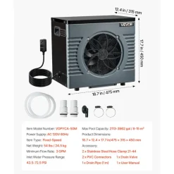 VEVOR 14710 BTU Pool Heat Pump, Electric Pool Heater for Above Ground Up to 3962 Gallons, Max COP 5.13, Heating & Cooling Dual Mode, Low Noise Smart Inverter Compressor, GFCI Protection for Swimming