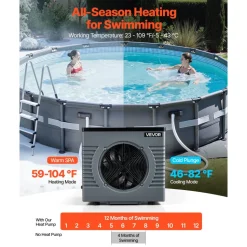 VEVOR 14710 BTU Pool Heat Pump, Electric Pool Heater for Above Ground Up to 3962 Gallons, Max COP 5.13, Heating & Cooling Dual Mode, Low Noise Smart Inverter Compressor, GFCI Protection for Swimming