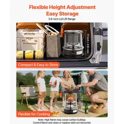 VEVOR 9000 BTU Portable Kerosene Heater & Stove, 2 in 1 Non-Electric Indoor Outdoor Heater with Adjustable Height & Flame & Easy Storage,for Camping, Hunting, Cooking, Home, Garage, Black