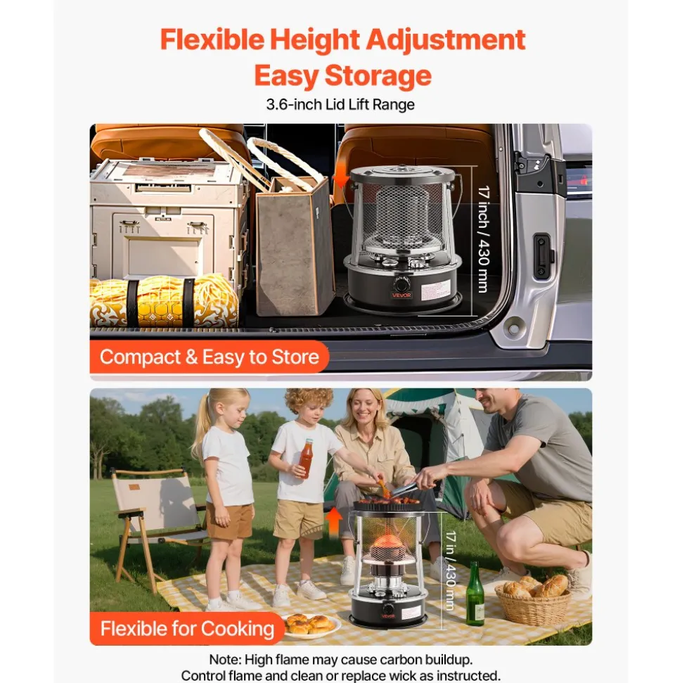 VEVOR 9000 BTU Portable Kerosene Heater & Stove, 2 in 1 Non-Electric Indoor Outdoor Heater with Adjustable Height & Flame & Easy Storage,for Camping, Hunting, Cooking, Home, Garage, Black