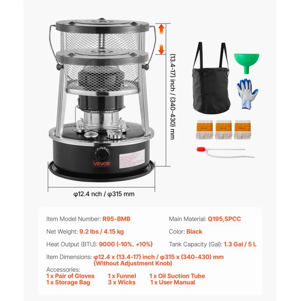 VEVOR 9000 BTU Portable Kerosene Heater & Stove, 2 in 1 Non-Electric Indoor Outdoor Heater with Adjustable Height & Flame & Easy Storage,for Camping, Hunting, Cooking, Home, Garage, Black