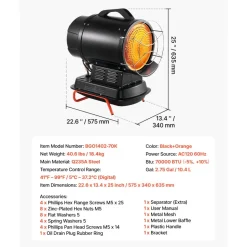 VEVOR 70000 BTU Radiant Kerosene Diesel Heater, Portable Industrial Space Heater with Adjustable Temp & Handle, Ideal for Jobsite/Garage/Warehouse/Workshop Construction Heating,Black