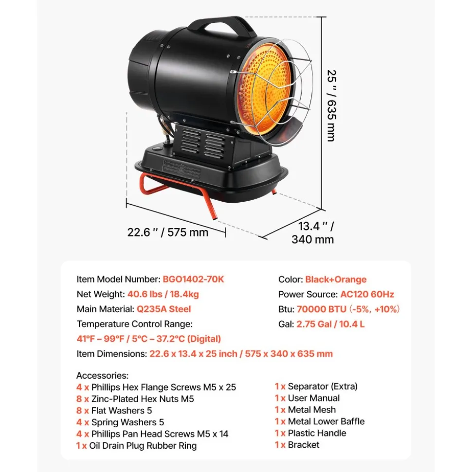 VEVOR 70000 BTU Radiant Kerosene Diesel Heater, Portable Industrial Space Heater with Adjustable Temp & Handle, Ideal for Jobsite/Garage/Warehouse/Workshop Construction Heating,Black