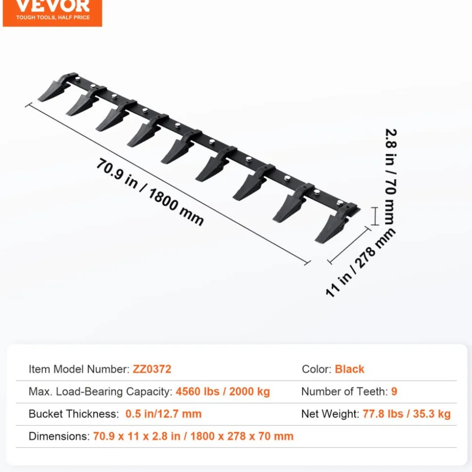 VEVOR Bucket Tooth Bar, 72'', Heavy Duty Tractor Bucket 9 Teeth Bar for Loader Tractor Skidsteer, 4560 lbs Load-Bearing Capacity Bolt On Design, for Efficient Soil Excavation and Bucket Protection