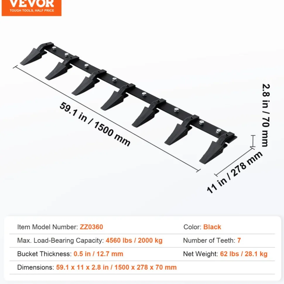 VEVOR Bucket Tooth Bar, 60'', Heavy Duty Tractor Bucket 7 Teeth Bar for Loader Tractor Skidsteer, 4560 lbs Load-Bearing Capacity Bolt On Design, for Efficient Soil Excavation and Bucket Protection