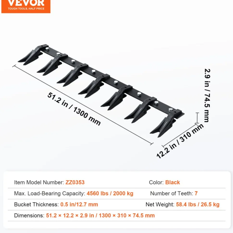 VEVOR Bucket Tooth Bar, 53'', Heavy Duty Tractor Bucket Teeth Bar for Sub-Compact Tractor Loader, 4560 lbs Load-Bearing Capacity, Fits Bucket Cutting Edges Sized 1/2" or Less with No Drilling Required