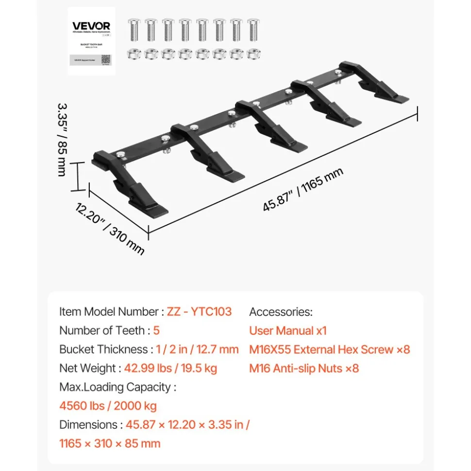 VEVOR Bucket Tooth Bar, 46 in Heavy Duty 5 Teeth Tractor Bucket Bar for Loader Tractor Loader Skidsteer, 4560 lbs Load Capacity, Bolt On Teeth Bars for Buckets Protection Efficient & Soil Excavation
